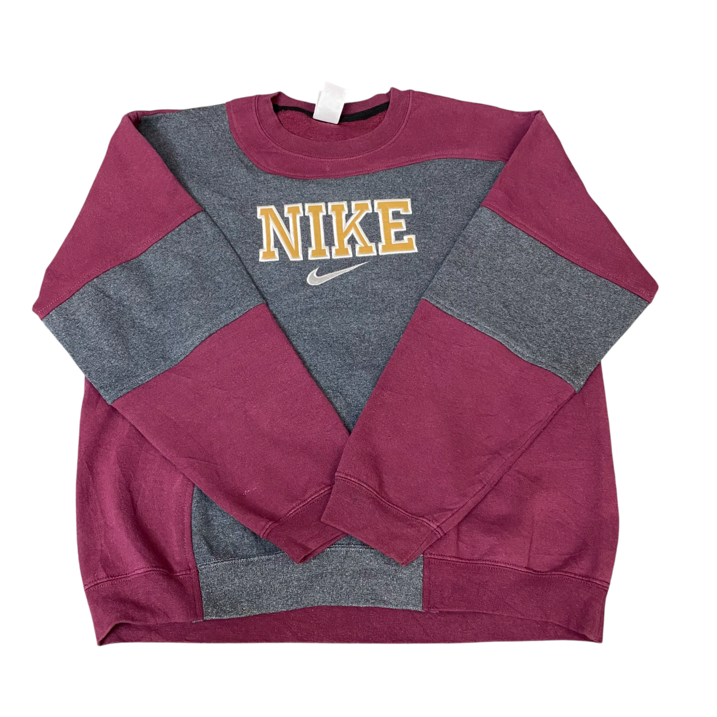 Nike Reworked Sweatshirt Mens L Burgundy Grey Embroidered Spellout Logo Vtg Y2K