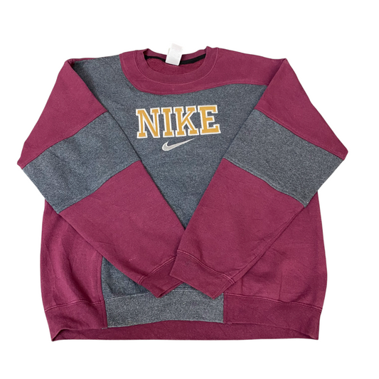 Nike Reworked Sweatshirt Mens L Burgundy Grey Embroidered Spellout Logo Vtg Y2K