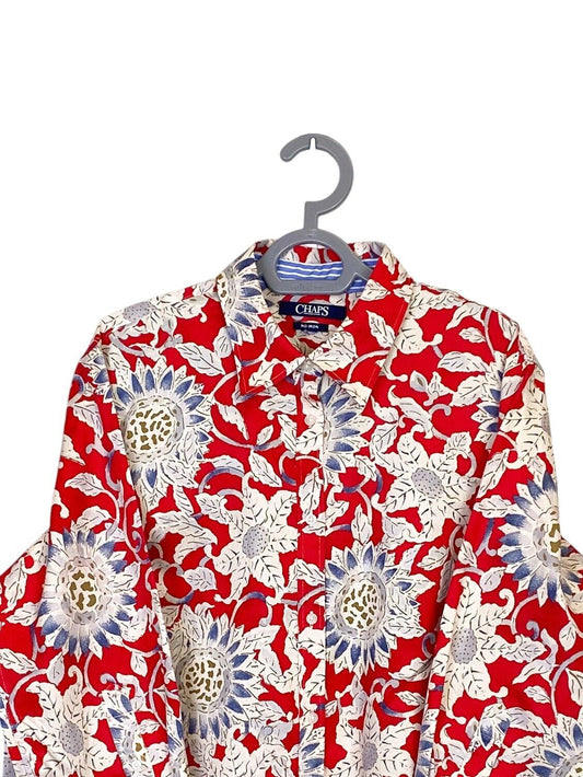 Chaps Shirt Womens Large Red Floral Non-Iron Classic Fit Collared Button Down