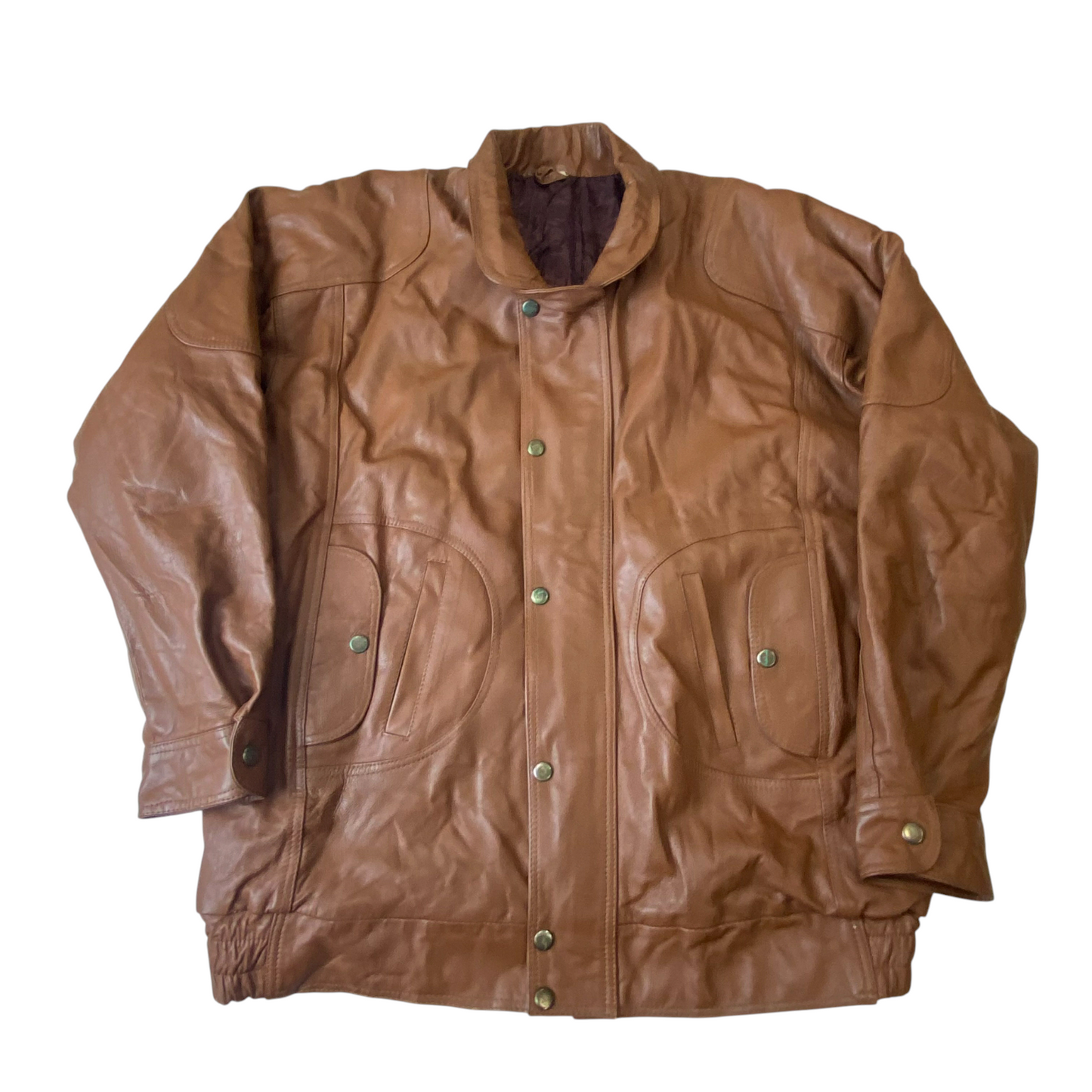 Mens Faux Leather Jacket Medium Brown Lined Collared Snap Button Elasticated Hem