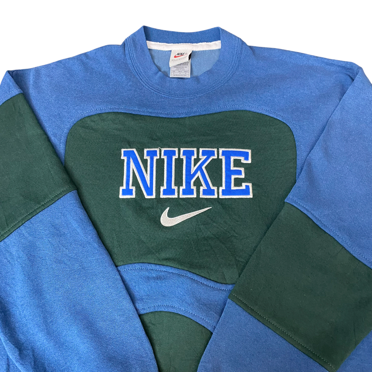Nike Reworked Sweatshirt Mens Small Blue Green Embroidered Spellout Logo Vtg Y2K