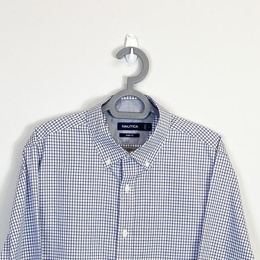 Nautica Shirt Mens Large Blue Check Collared Button Down Slim Fit