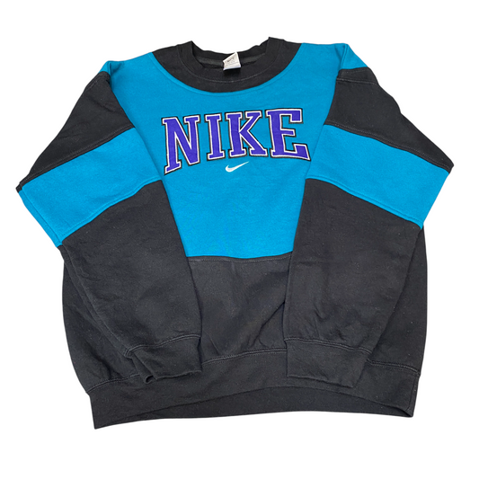 Nike Reworked Sweatshirt Mens L Black Blue Embroidered Spellout Logo Vintage Y2K