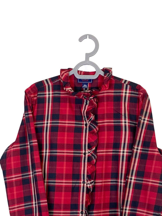 Chaps Shirt Womens Large Red Plaid Ruffled Trim Long Sleeve Casual Button Down