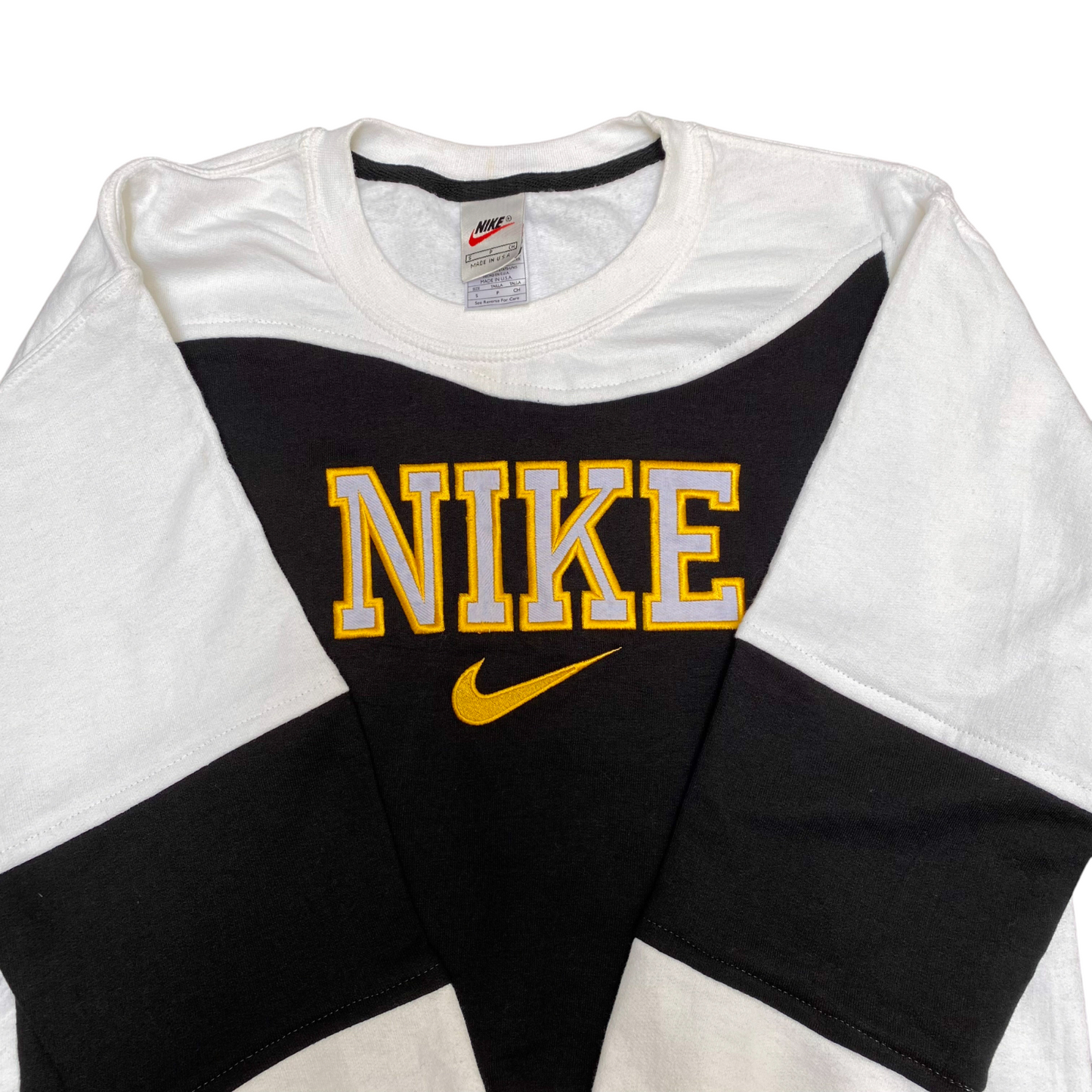 Nike Reworked Sweatshirt Mens S White Black Embroidered Spellout Logo Crew Neck