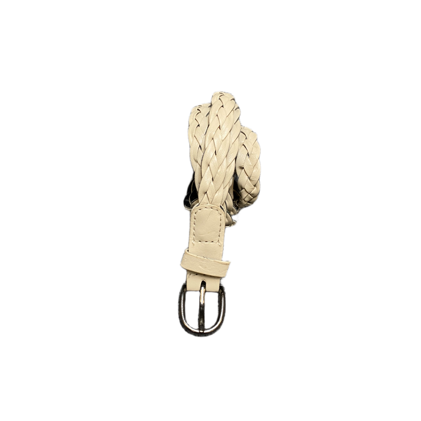 Womens Braided Belt Beige Woven Leather Adjustable D Shape Buckle 53.5 inches