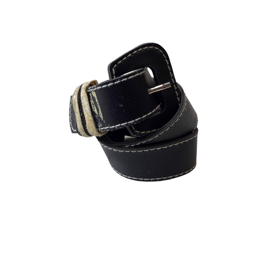 Mens Waist Belt Black Leather White Stitch Adjustable Pin Buckle Size 32.25 in