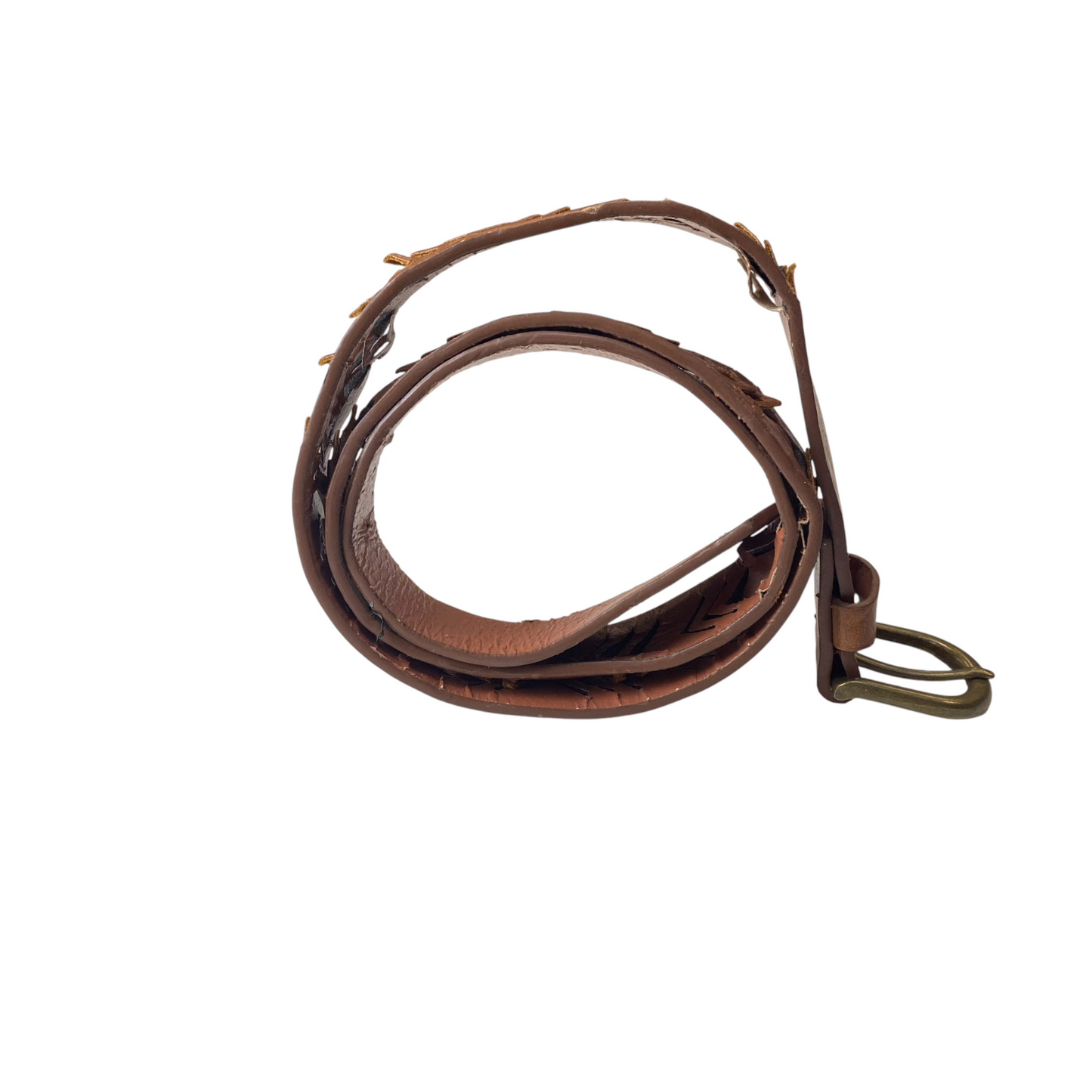 Women's Waist Belt Brown Leather Cutout Chevron Brass Pin Buckle Size 39.5 in