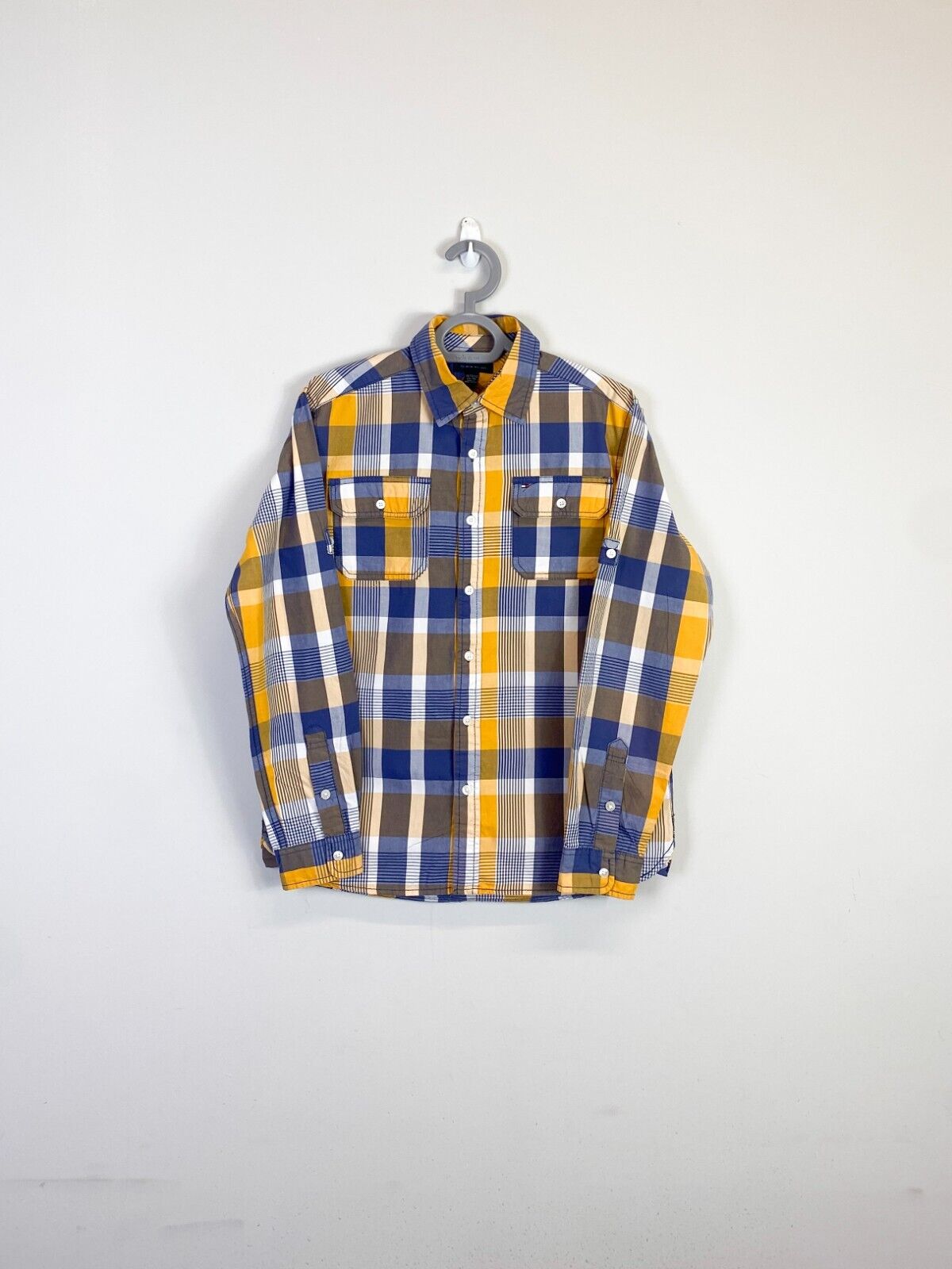 Tommy Hilfiger Shirt Womens XL Yellow Plaid Detailed Pockets Casual Button Down