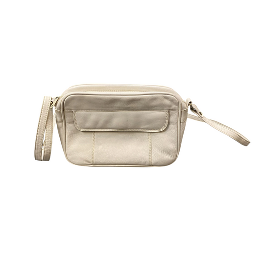 L.Credi Crossbody Bag Womens White Pebbled Leather Snap Flap Adjustable Strap