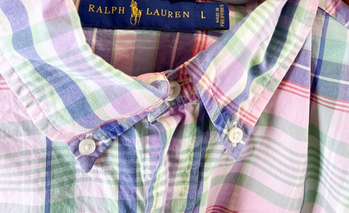 Ralph Lauren Shirt Mens Large Pink Plaid Long Sleeve Blue Small Polo Pony Logo