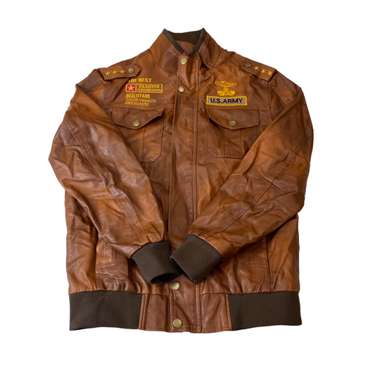 U.S. Army Jacket Mens M Brown Genuine Leather Detailed Pockets Long Sleeve