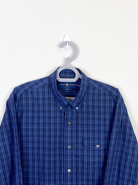 Ralph Lauren Shirt Mens M Blue Plaid Slim Fit Long Sleeve Collared Button Down