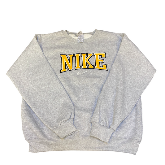 Nike Reworked Sweatshirt Mens Medium Grey Embroidered Spellout Logo Vintage Y2K