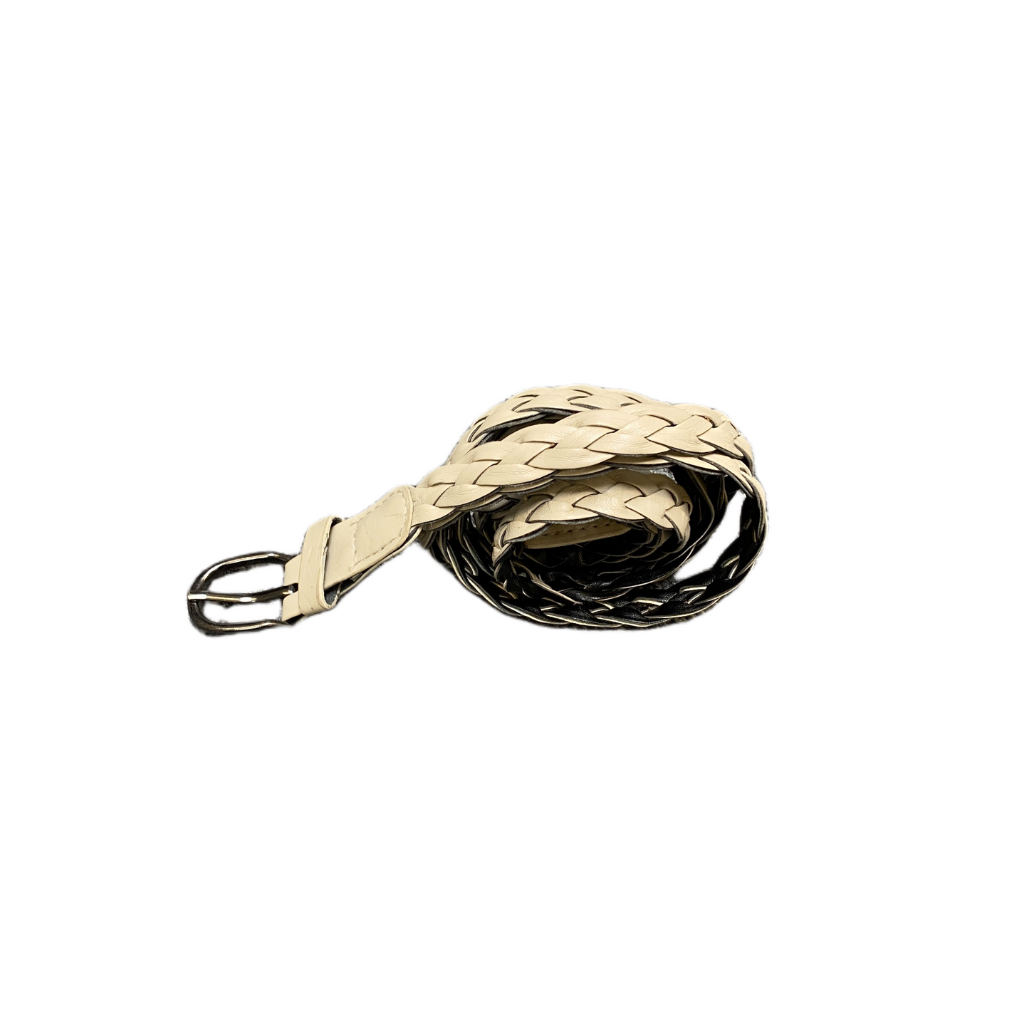 Womens Braided Belt Beige Woven Leather Adjustable D Shape Buckle 53.5 inches