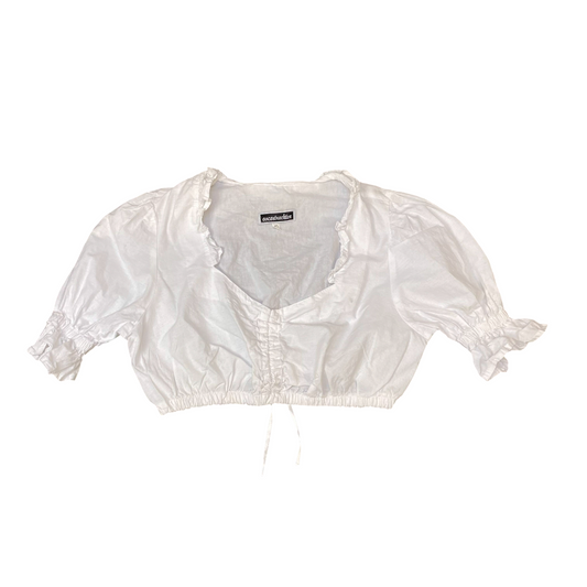 Cropped Blouse Top Womens S White Deep V-Neck 3/4 Balloon Sleeve Casual Outdoor