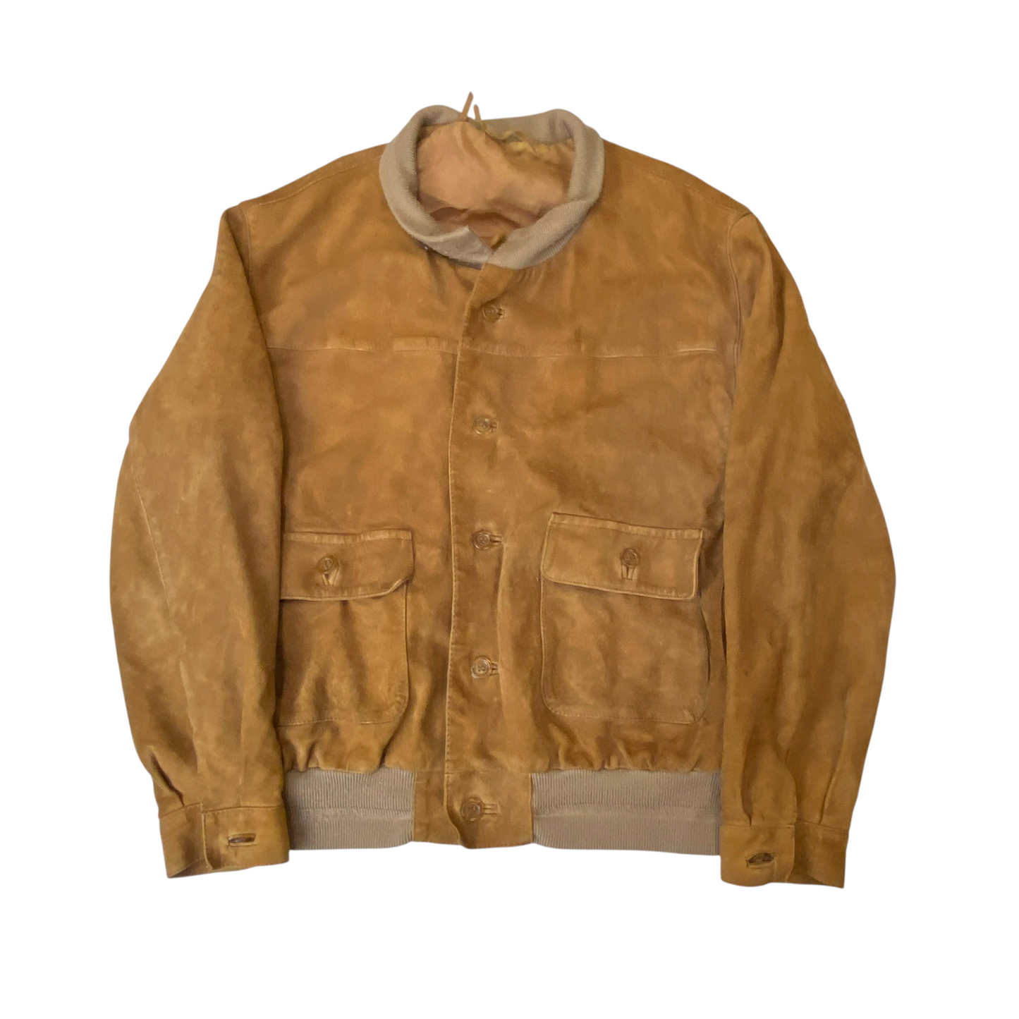 Bomber Jacket Mens Large Brown Suede Leather Pockets Long Sleeve Button Front