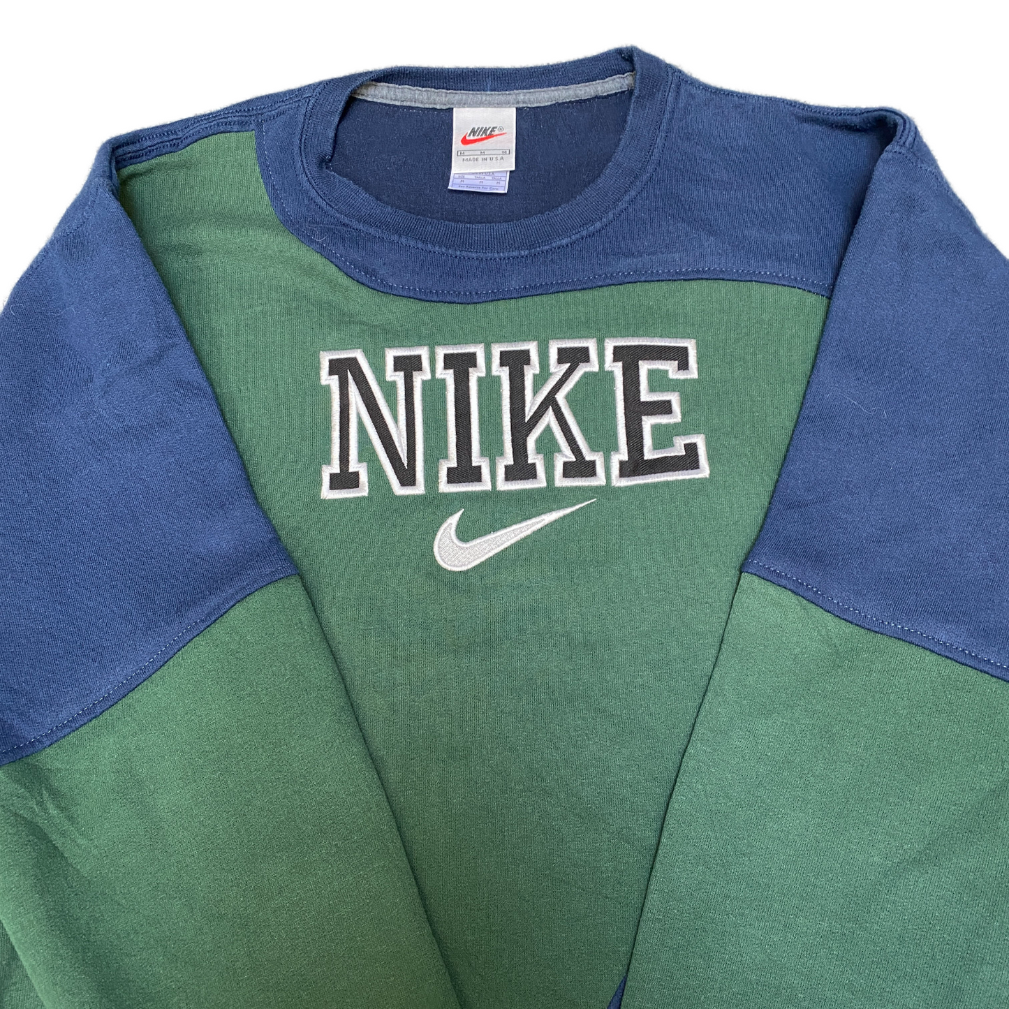 Nike Reworked Sweatshirt Mens M Navy Green Embroidered Spellout Logo Vintage Y2K