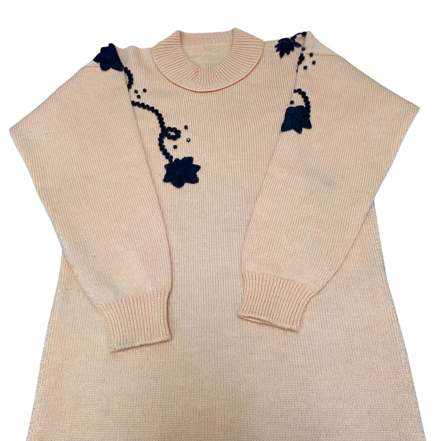 Womens Jumper Dress M Yellow Floral Embroidered Raglan Sleeve Crew Neck Comfy