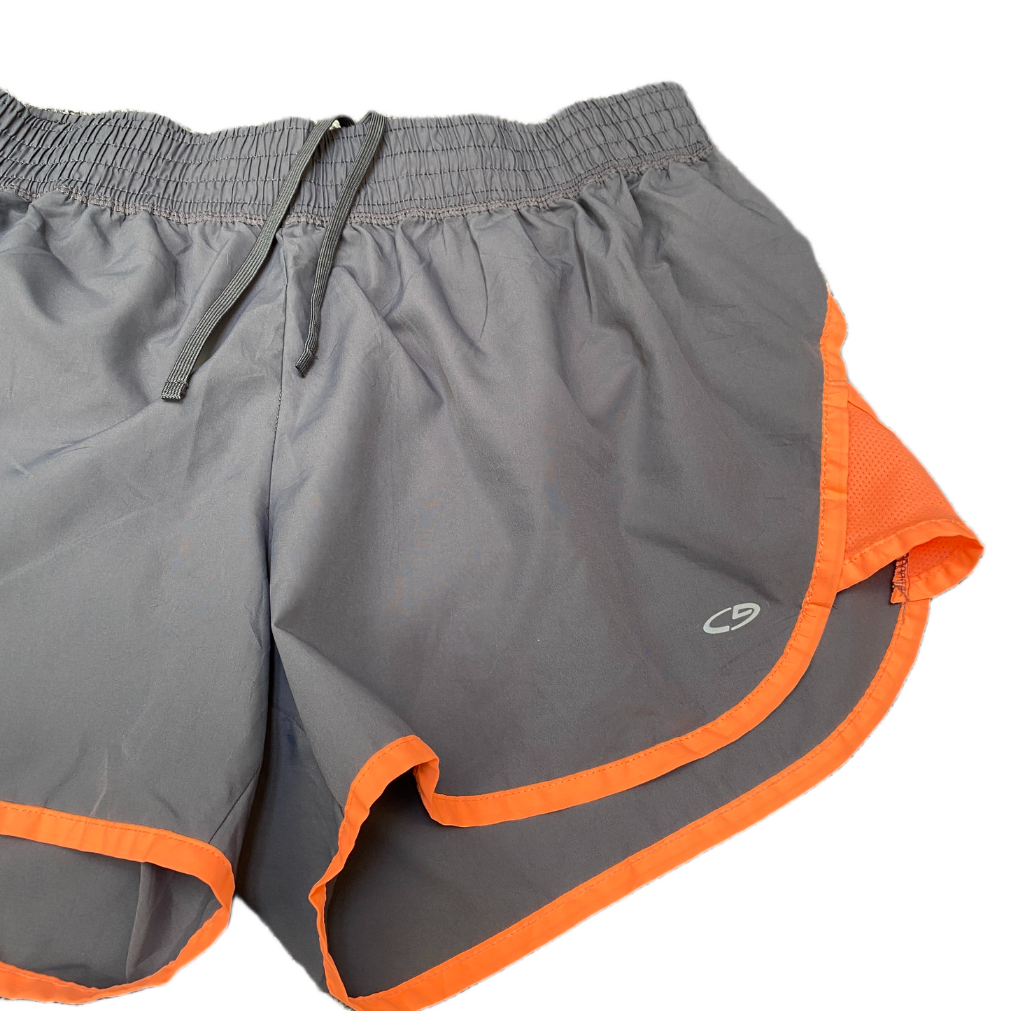 Running Shorts Womens XS 31" Waist Grey Orange Mesh Panel Dolphin Hem Drawstring