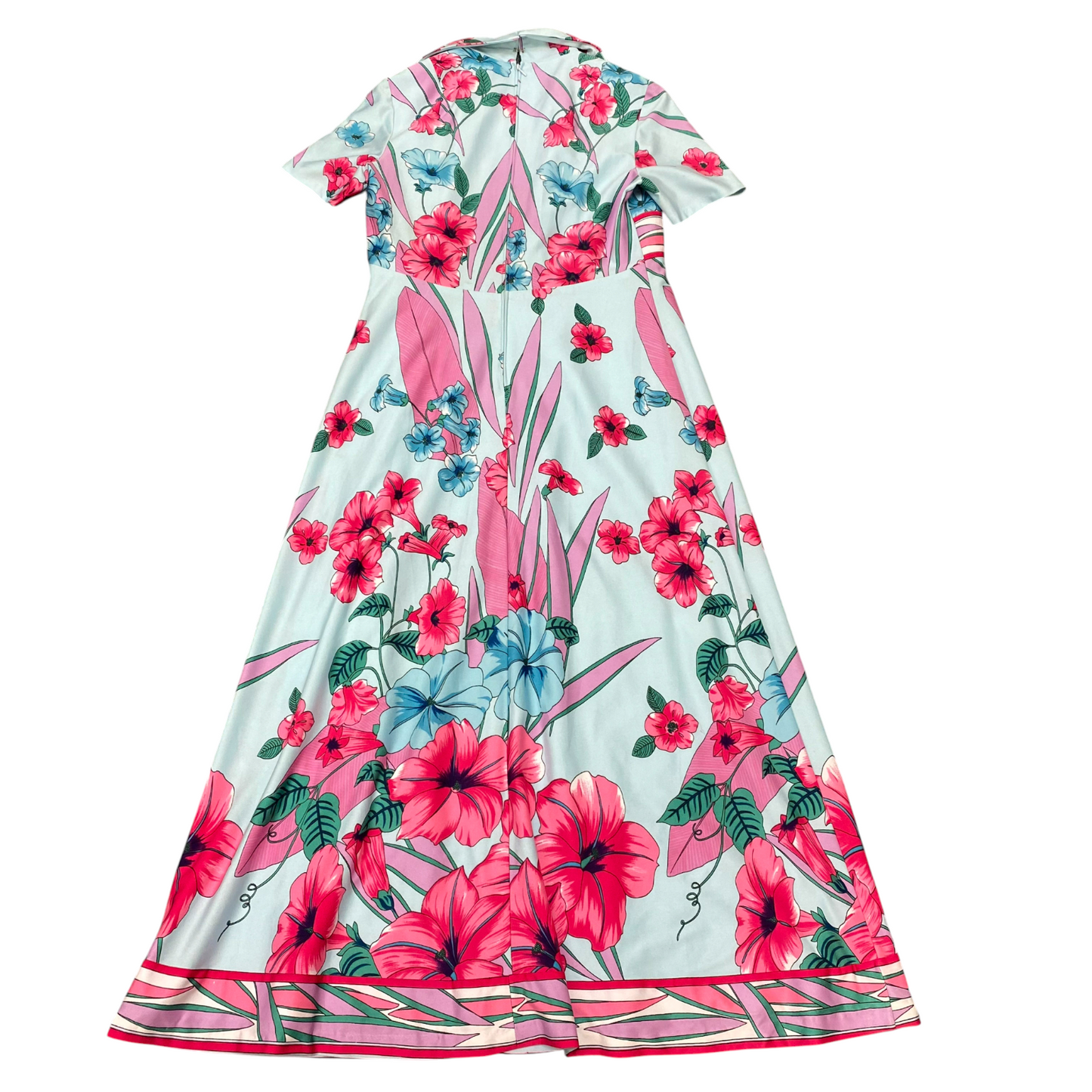 Womens Maxi Dress S Blue Pink Floral Comfy Short Sleeve Collared V Neck Back Zip