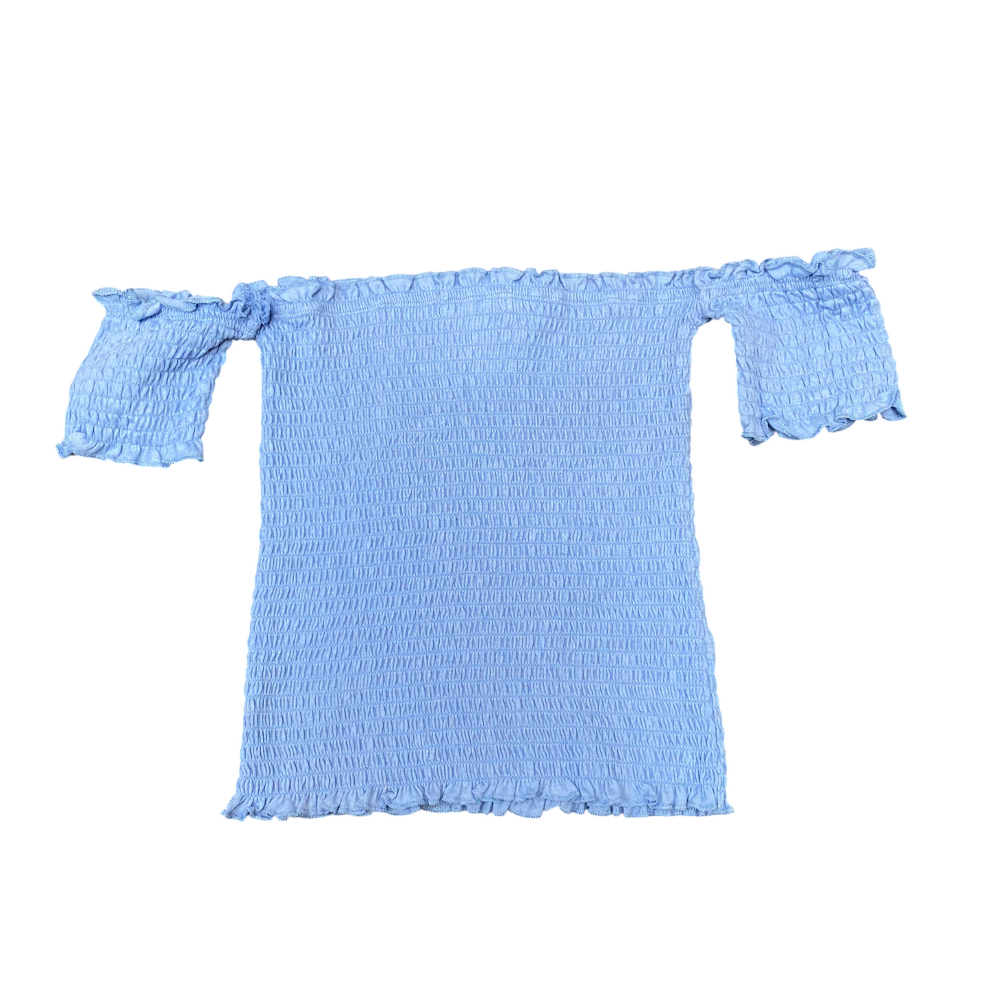 Blouse Top Womens XS Blue Overall Smocked Off Shoulder Short Sleeve Pullover
