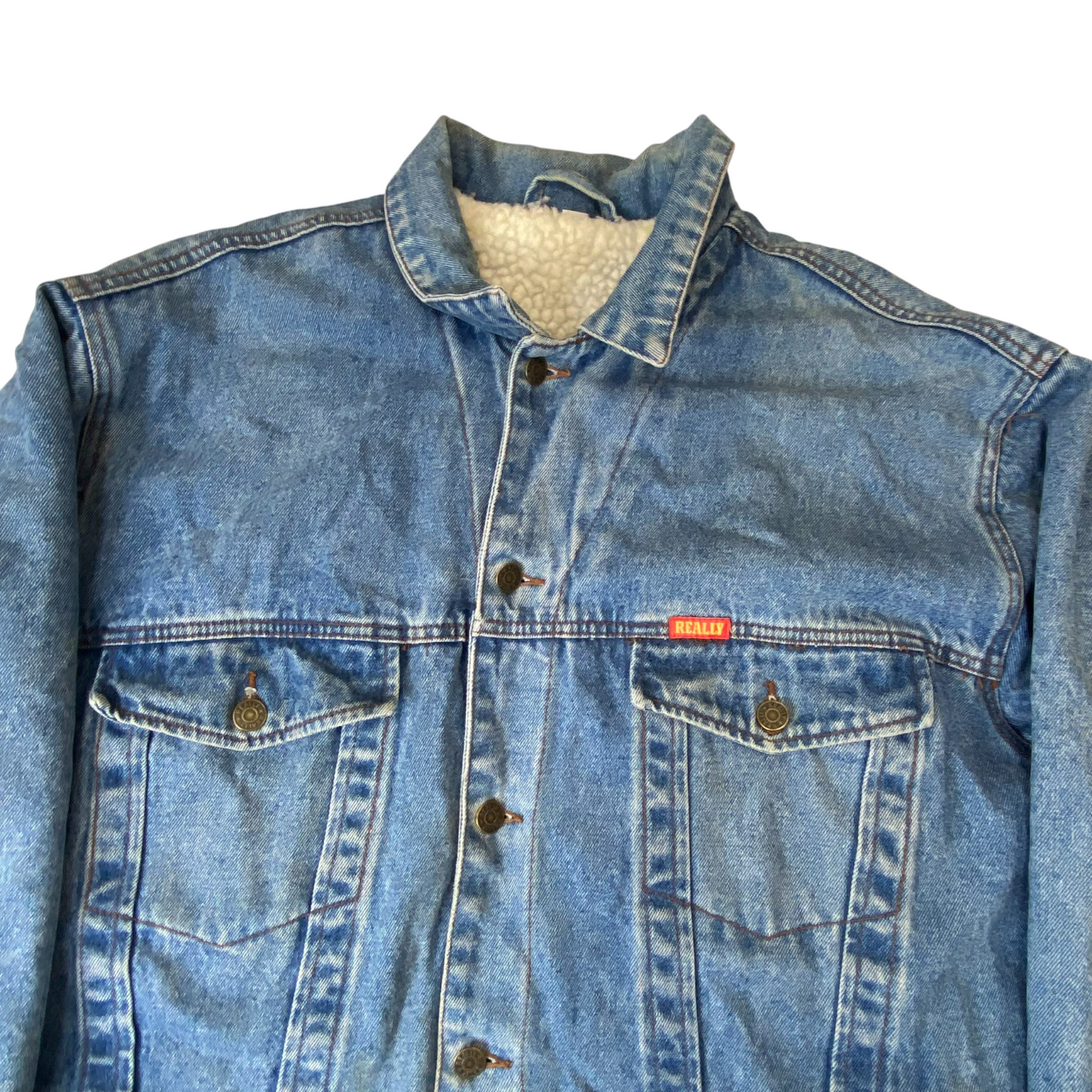 Really Trucker Jacket Mens L Blue Sherpa Lined Classic Fit Collared Button Front