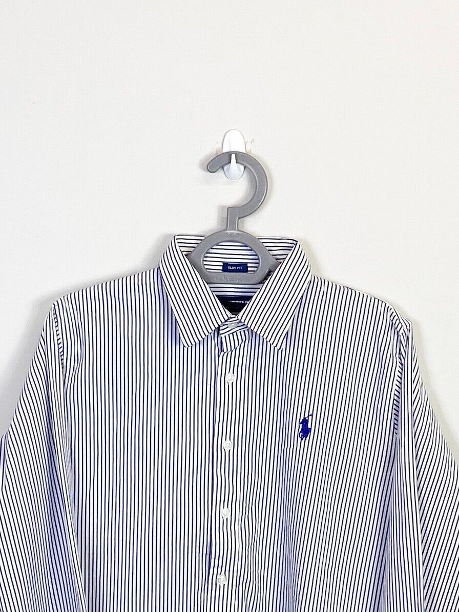 Ralph Lauren Shirt Men Medium Blue Striped Long Sleeve Small Blue Polo Pony Logo