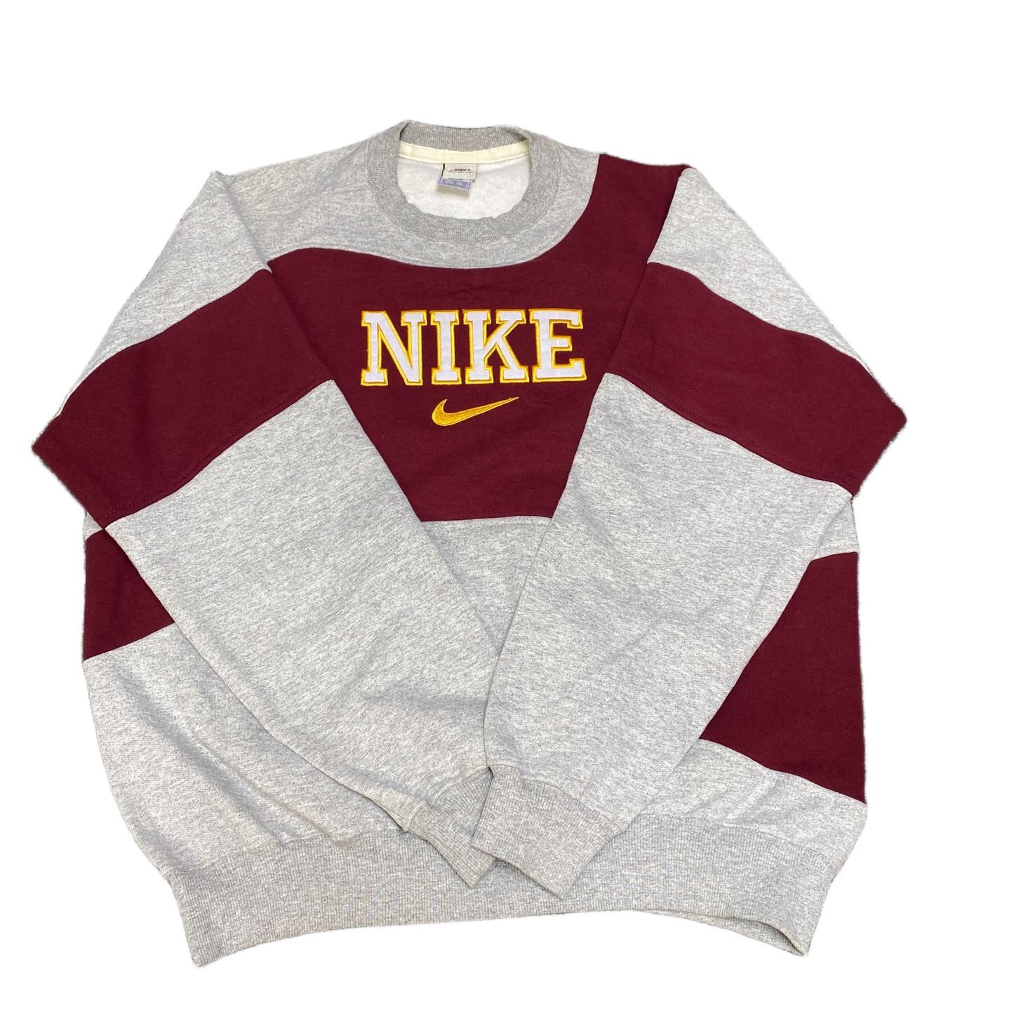 Nike Reworked Sweatshirt Mens XL Grey Maroon Embroidered Spellout Logo Vtg Y2K