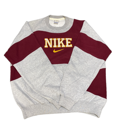 Nike Reworked Sweatshirt Mens XL Grey Maroon Embroidered Spellout Logo Vtg Y2K