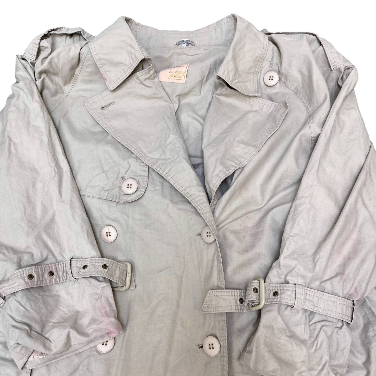 Wolfgana Halser Trench Coat Womens L Grey Solid Pockets Collared Double Breasted