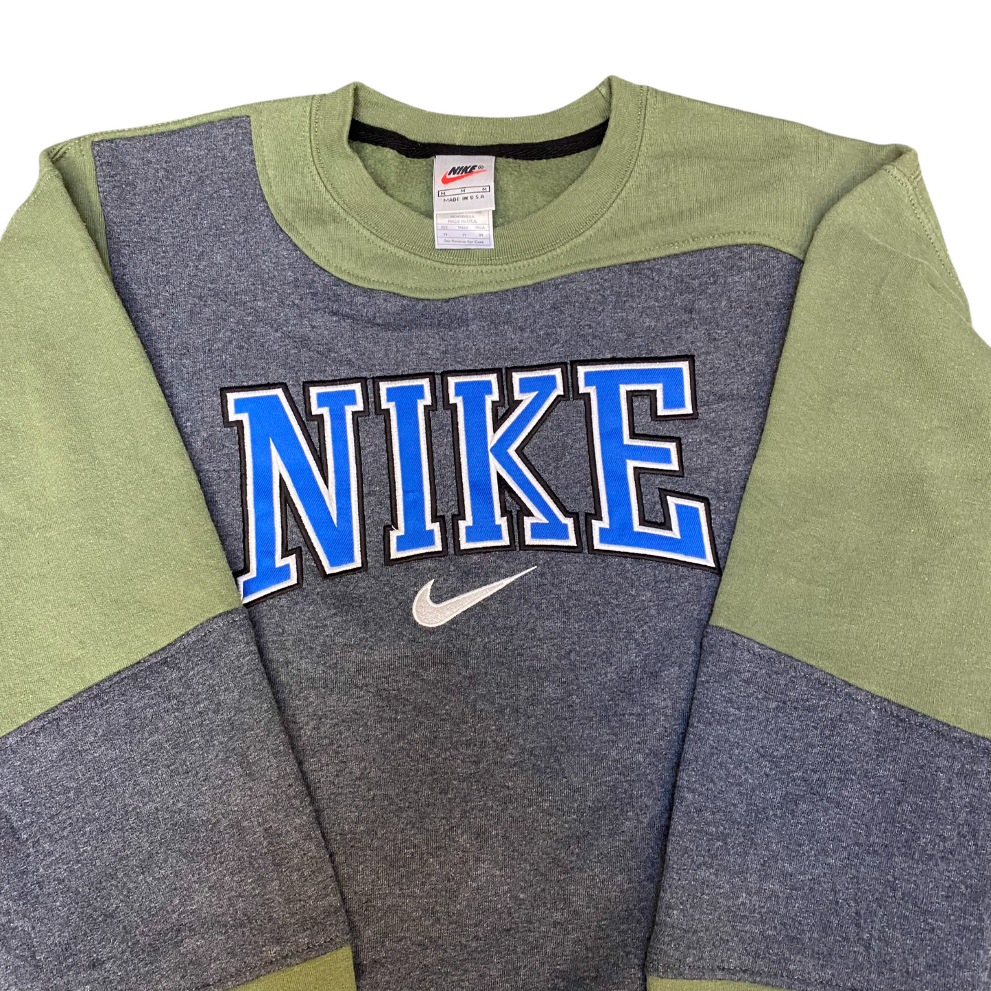 Nike Reworked Sweatshirt Mens M Green Grey Embroidered Spellout Logo Vintage Y2K