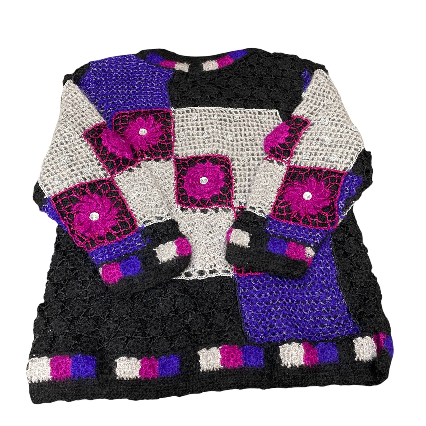 STC Cardigan Jumper Womens Medium Multi Mohair Crochet Granny Knit Button Front