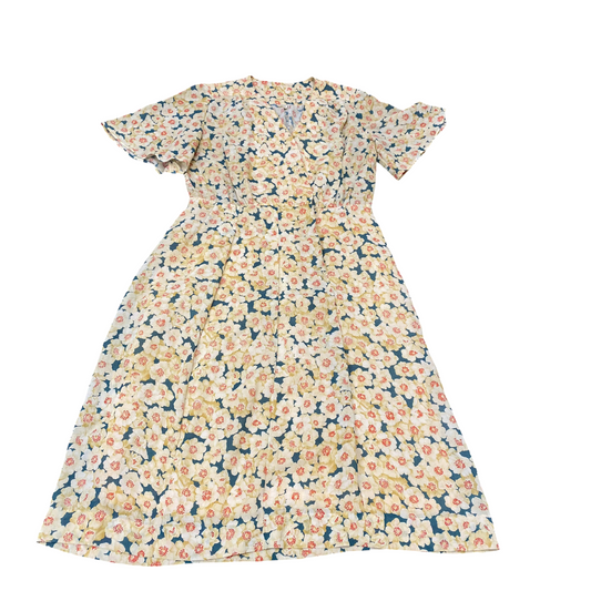 A-Line Dress Womens M Green White Floral Pleated Short Sleeve V-Neck Pullover