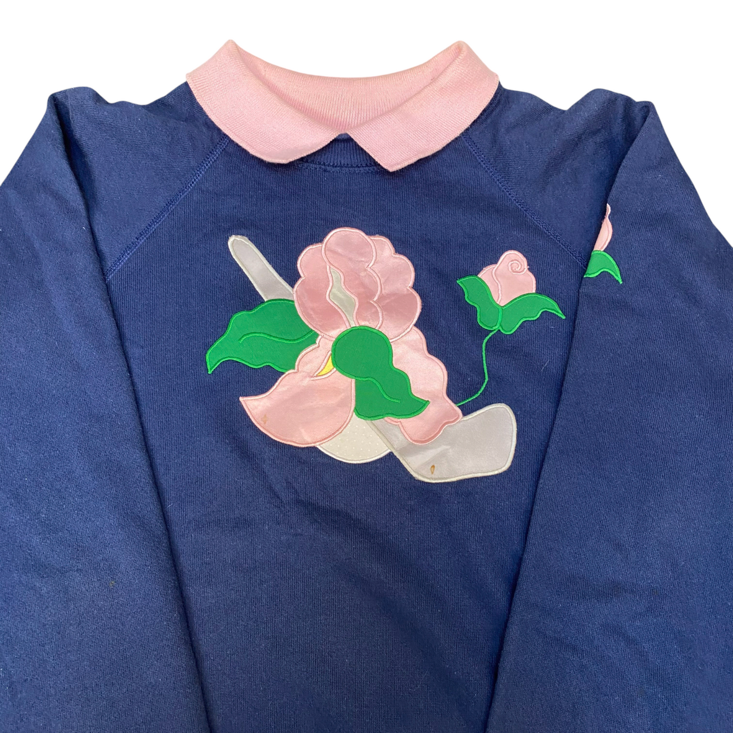 Hanes Jumper Womens Large Blue Pink Embroidered Floral Long Sleeve Collared