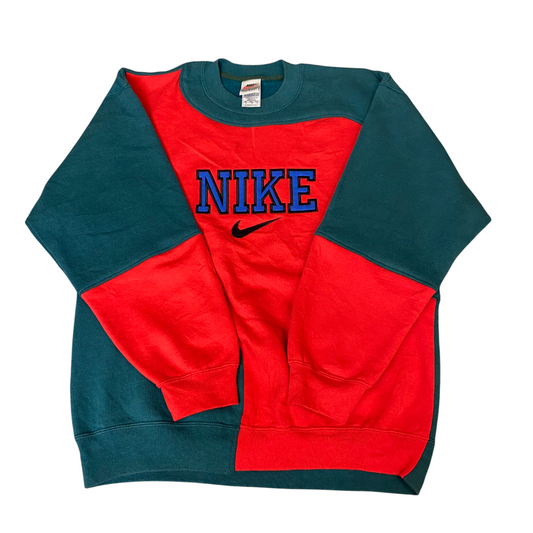 Nike Reworked Sweatshirt Mens M Teal Red Embroidered Spellout Logo Vintage Y2K