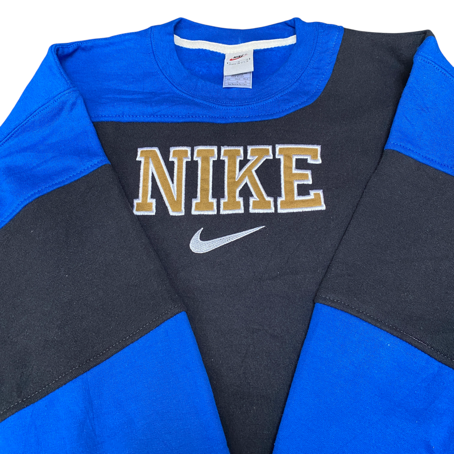 Nike Reworked Sweatshirt Mens L Black Blue Embroidered Spellout Logo Vintage Y2K