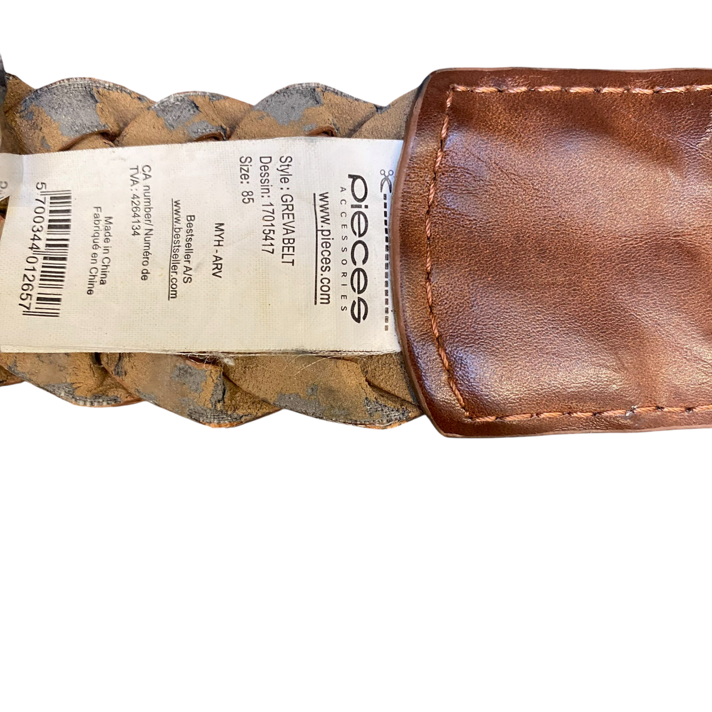 Pieces Greva Belt Womens Brown Beaded Leather Adjustable Pin Buckle Size 37 in