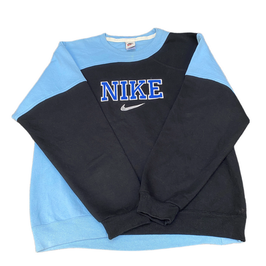 Nike Reworked Sweatshirt Mens M Blue Black Embroidered Spellout Logo Vintage Y2K