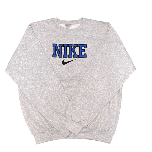 Nike Reworked Sweatshirt Mens M Grey Embroidered Spellout Logo Long Sleeve