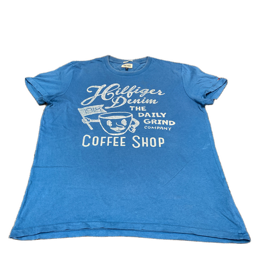 Tommy Hilfiger T-Shirt Womens XL Blue The Daily Grind Coffee Shop Graphic Tee