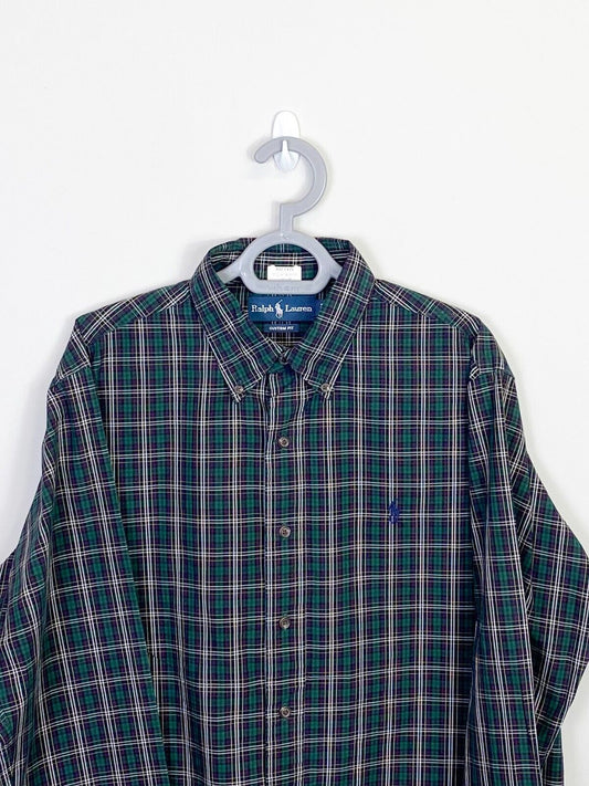 Ralph Lauren Shirt Mens Large Green Plaid Custom Fit Blue Small Polo Pony Logo