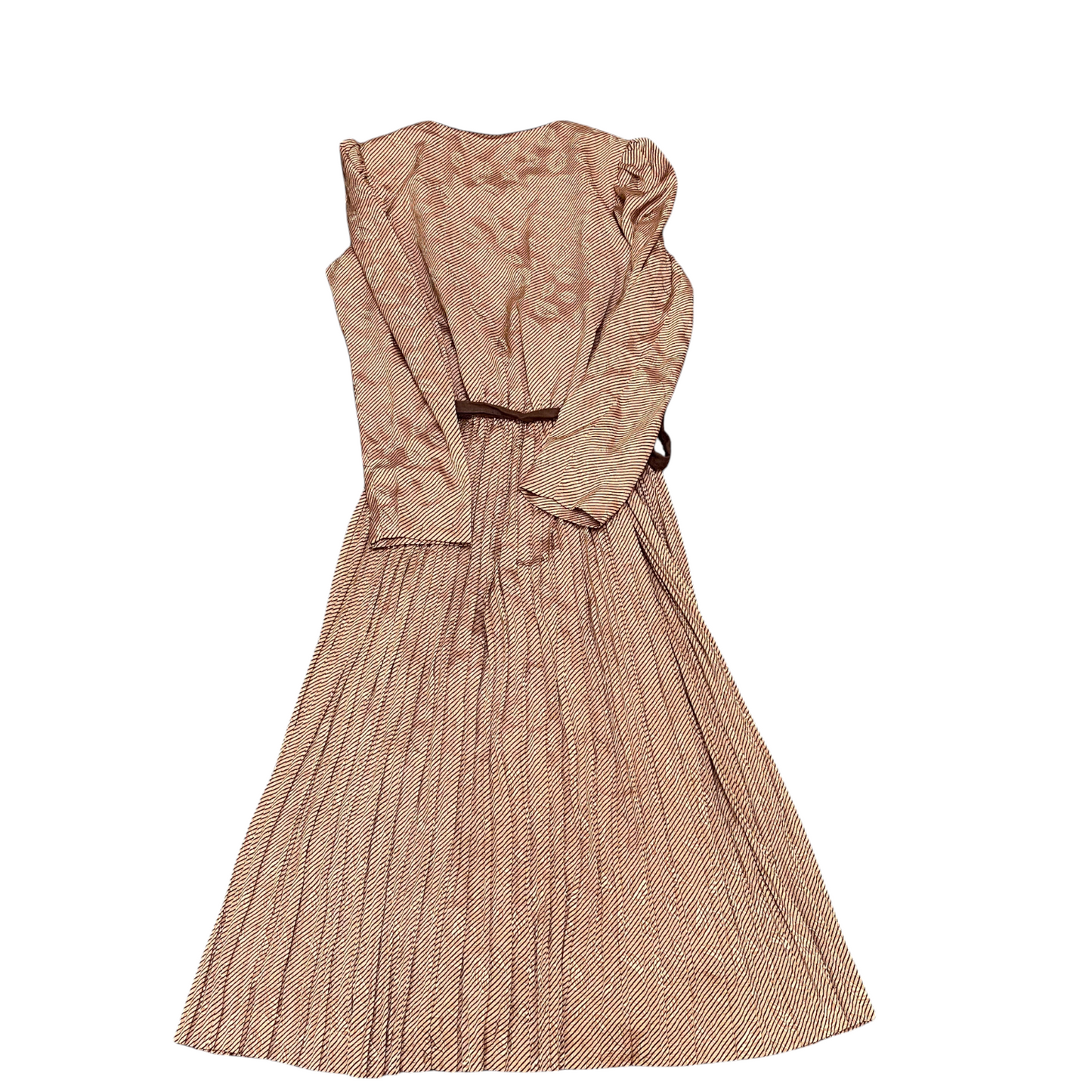 Amika Maxi Dress Womens S Brown Striped Pleated Round Neck Side Button Comfort