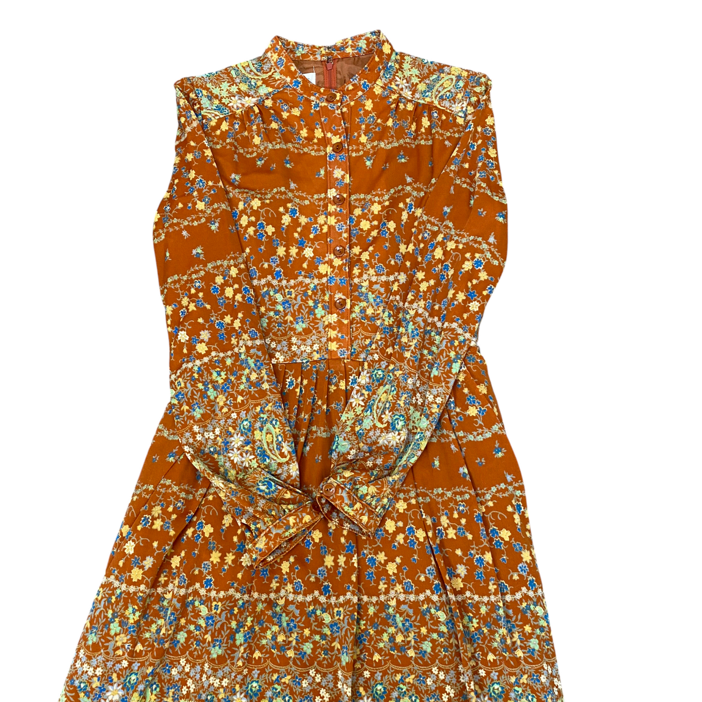 Pou Pee Maxi Dress Womens S Orange Floral Pleated Long Sleeve Button Front