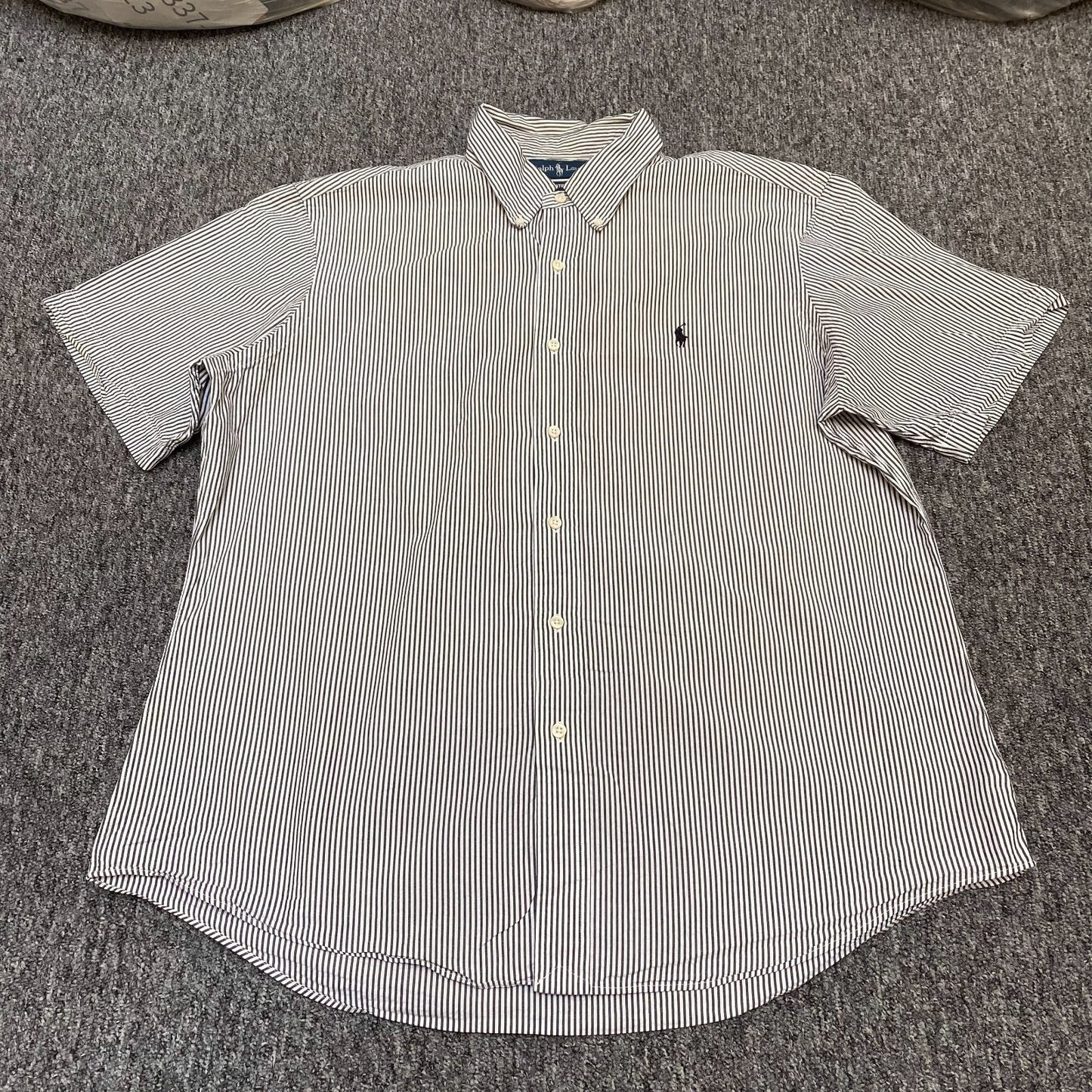 Ralph Lauren Shirt Mens XL White Black Striped Custom Fit Short Sleeve Button Up