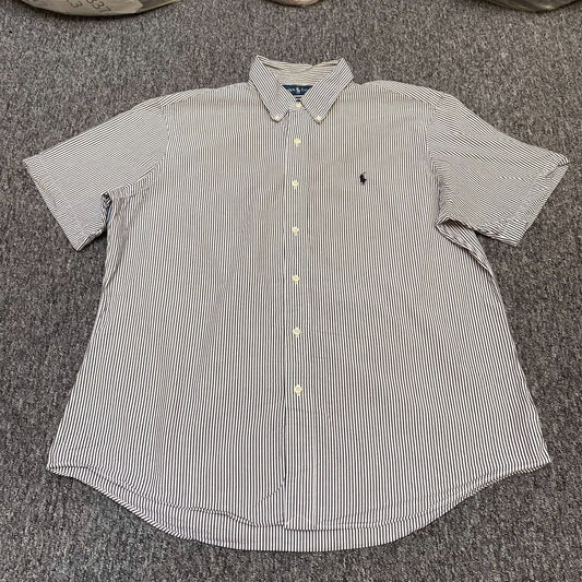 Ralph Lauren Shirt Mens XL White Black Striped Custom Fit Short Sleeve Button Up
