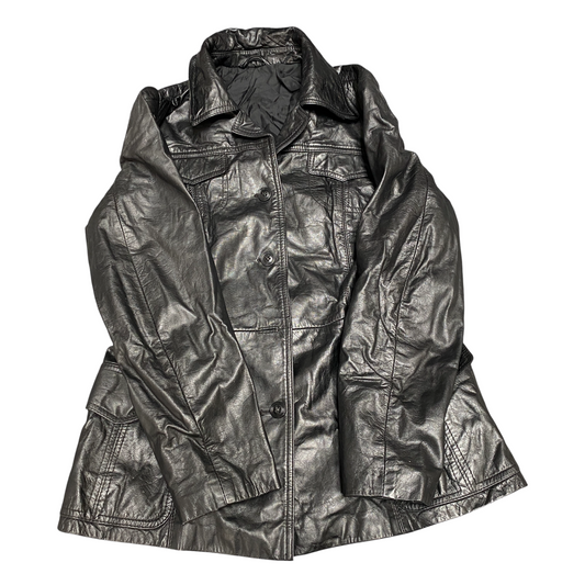 Women's Leather Jacket Medium Black Lined Long Sleeve Collared Button Front