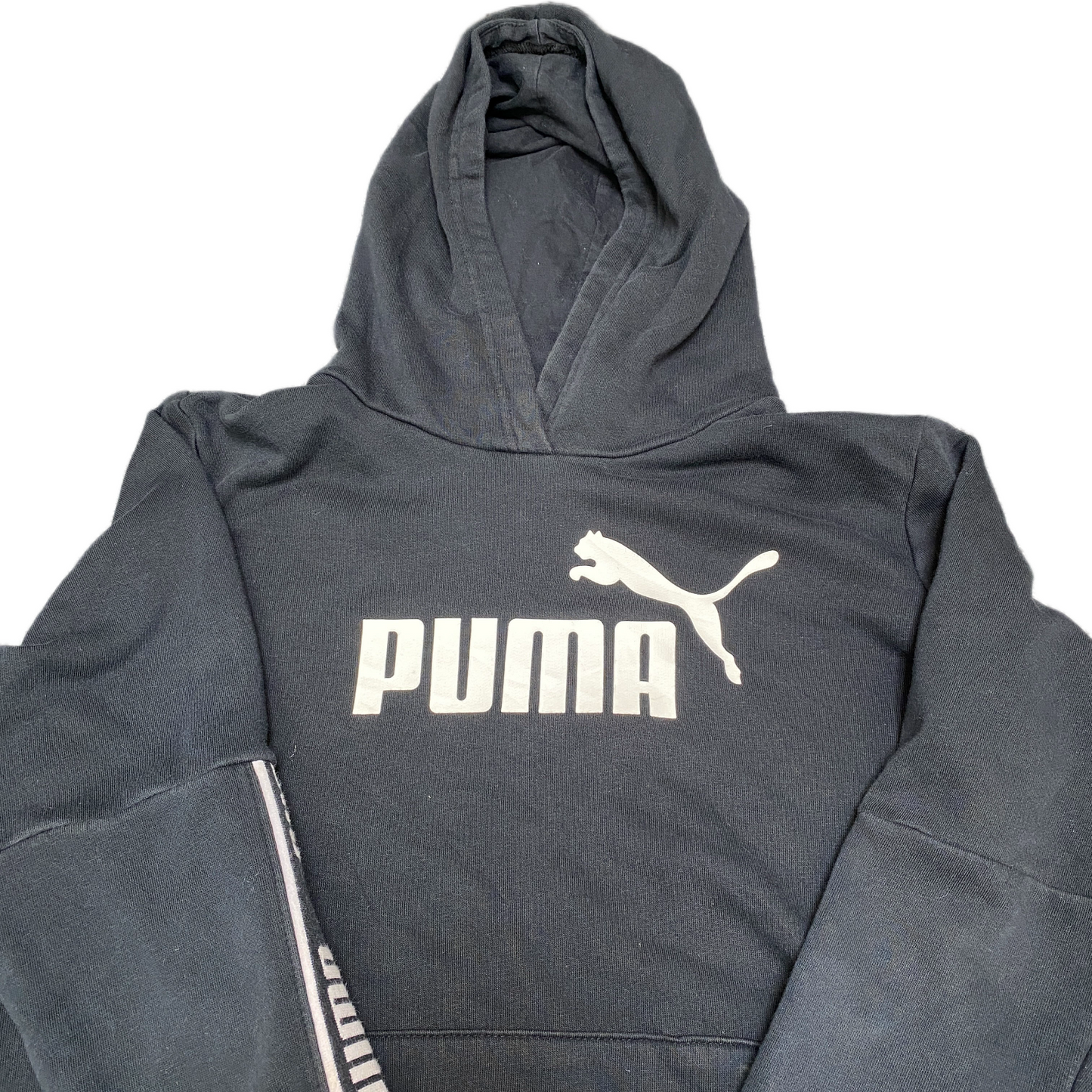 PUMA Essential Hoodie Womens Medium Black White Logo Graphic Pullover Sweatshirt