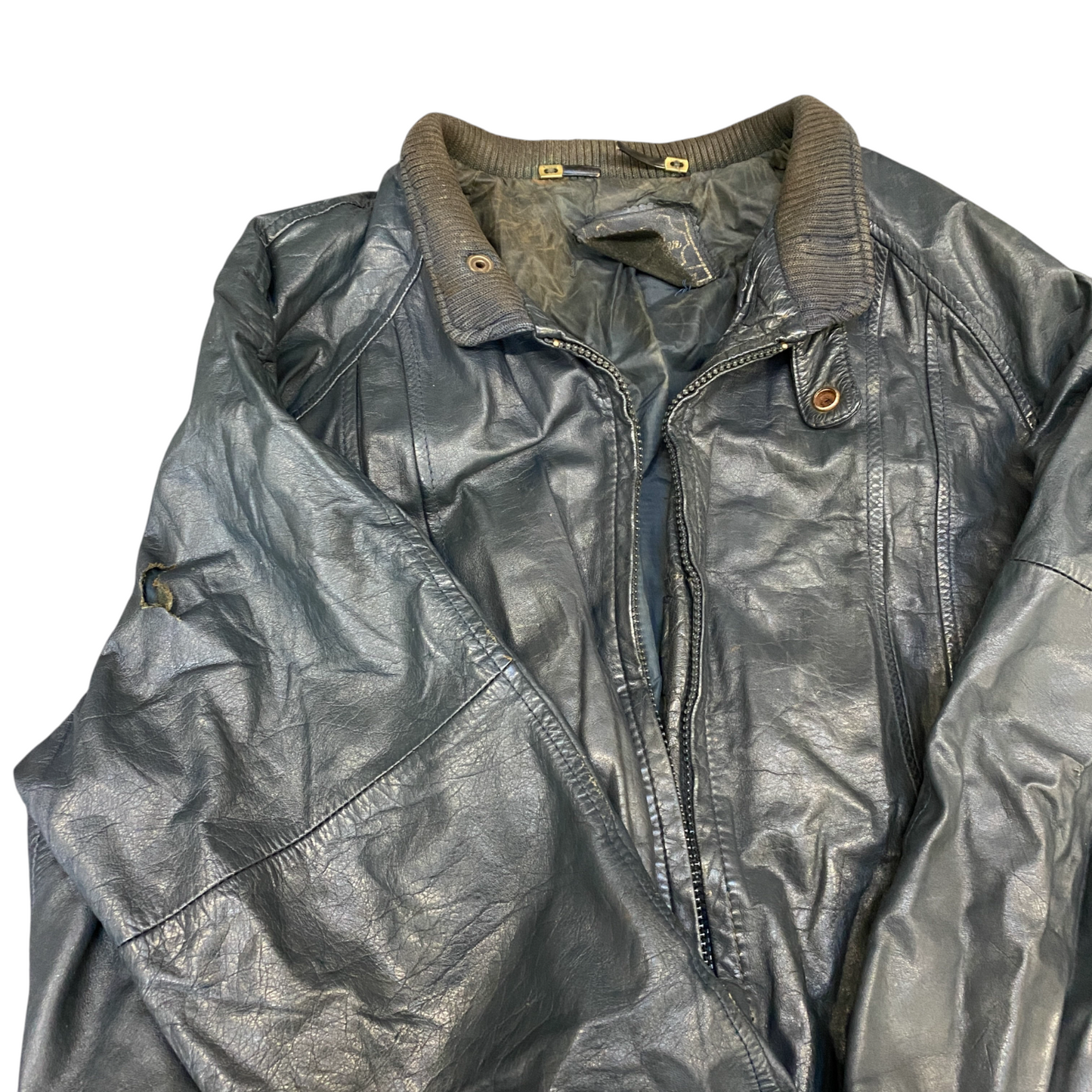 C&A Genuine Leather Biker Jacket Mens Large Black Lined Long Sleeve Full Zipper