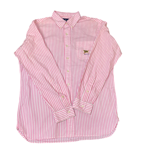 Ralph Lauren Shirt Mens L Pink White Striped Long Sleeve Embroidered Button Down